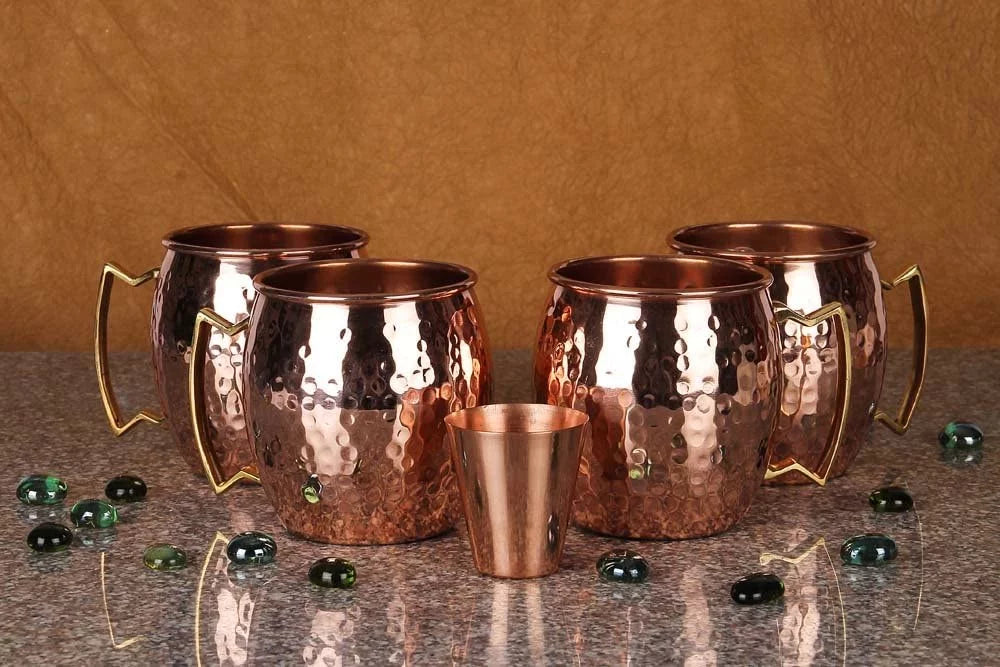 4 Handcrafted Copper Mugs & 4 Copper Straws & Shot Glass Q2616