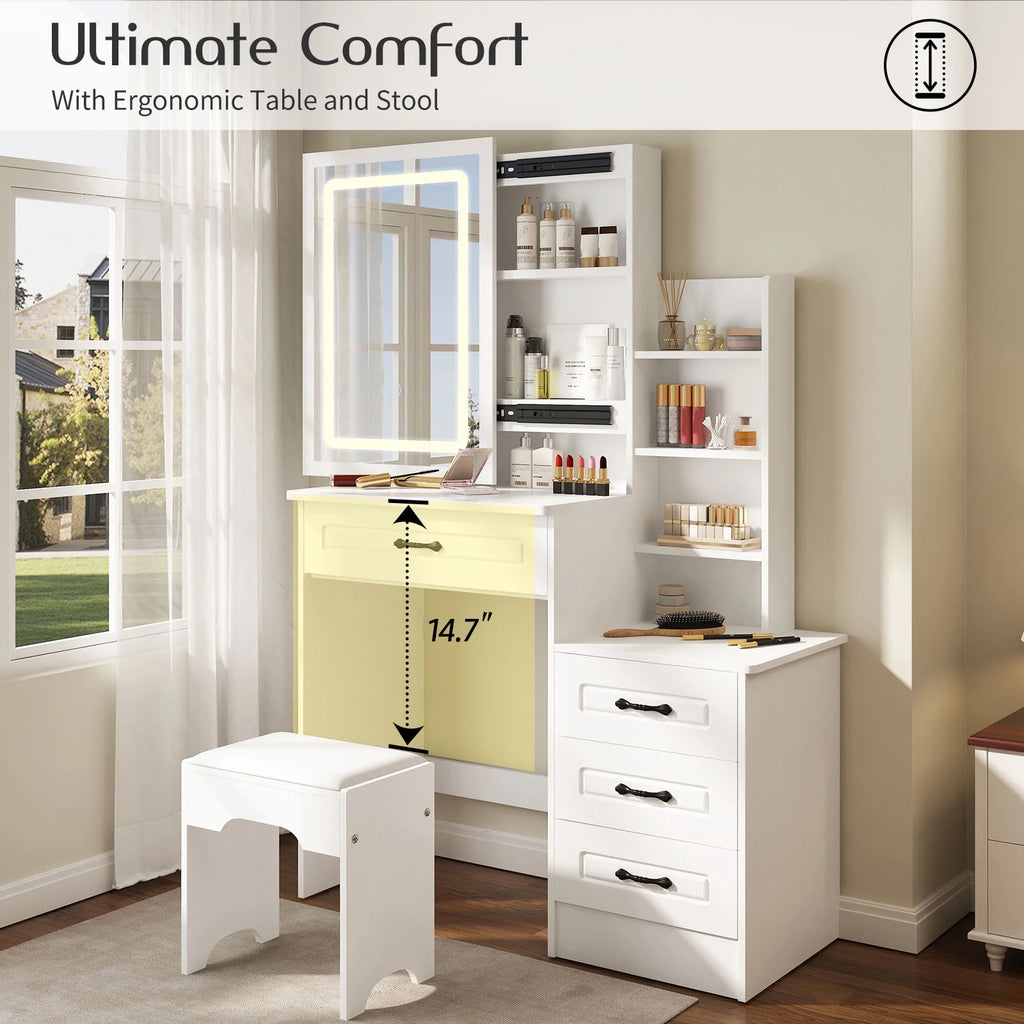 White Vanity Desk with Stool, Sliding Mirror, 4 Drawers & Shelves H761090