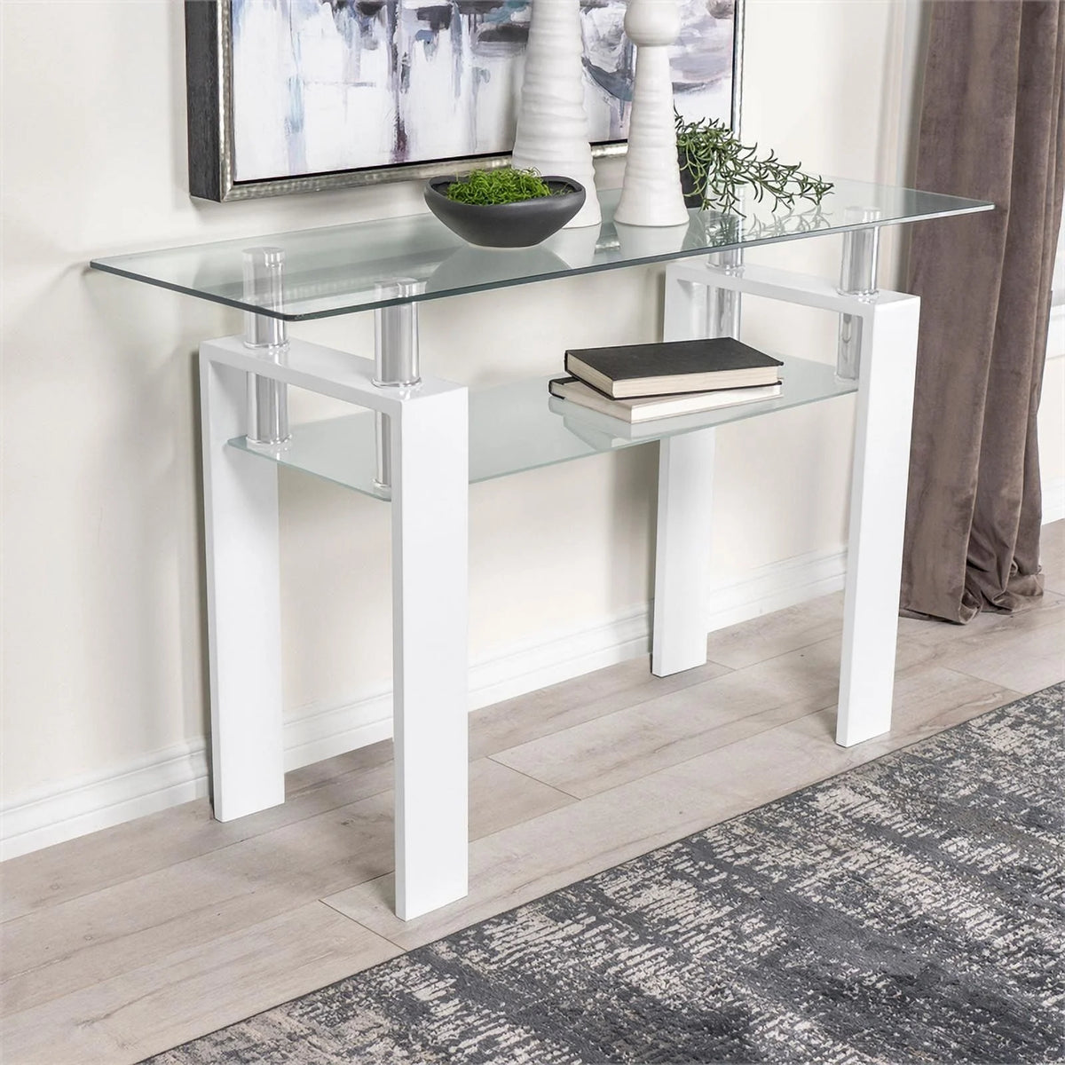 White Metal Glass Top Sofa Table with Shelf H4816