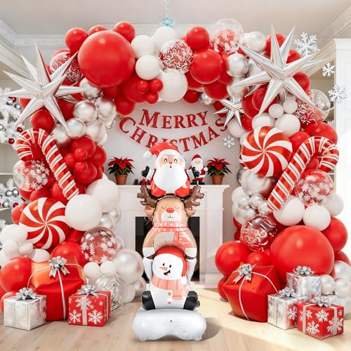 Christmas Balloon Garland Arch Kit with Red White Silver Confetti Foil Balloons W77566
