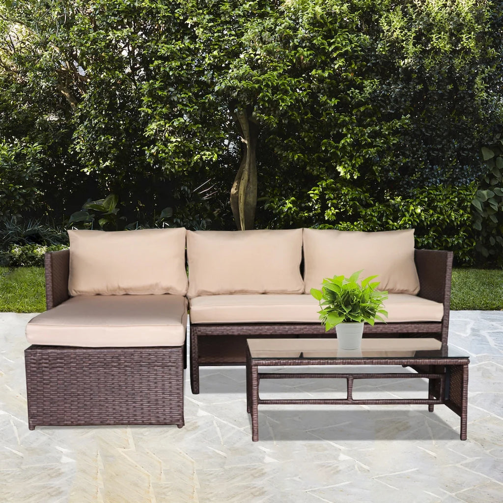 Rattan Sofa 3 Pieces Wood PE Wicker Ottoman With Coffee Table Patio Sofa Set U606824