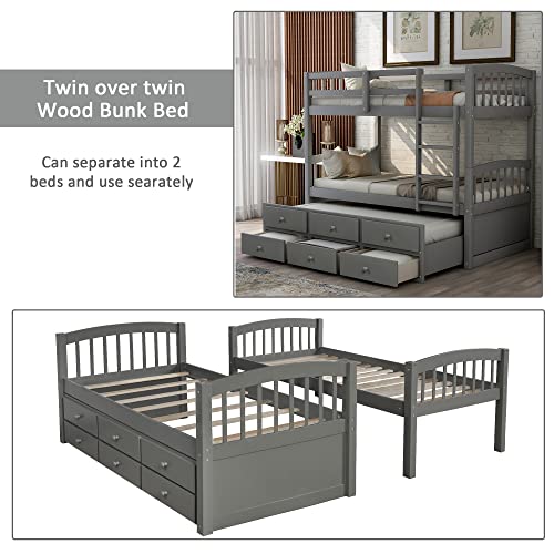 Twin Over Twin Wooden Bunk Bed with Trundle and 3 Storage Drawers N615