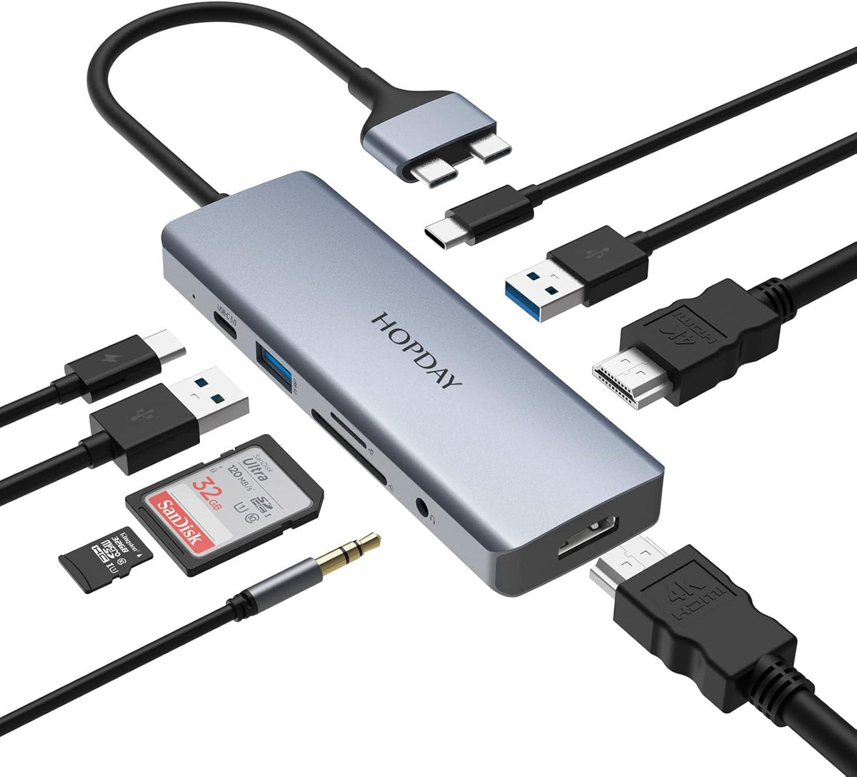 9 in 2 USB C Hub with 4K HDMI, 100W PD, USB 3.0, SD/TF Card Reader, 3.5mm Audio H94739