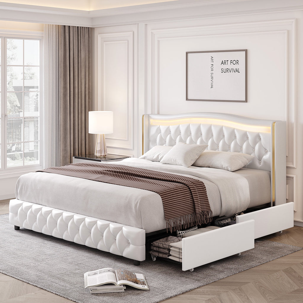 White Queen Size LED Bed Frame with 4 Storage Drawers E6306