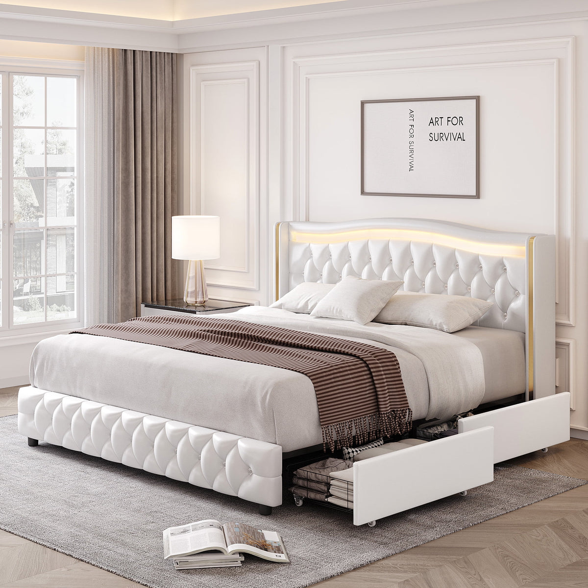 White Queen Size LED Bed Frame with 4 Storage Drawers E6306