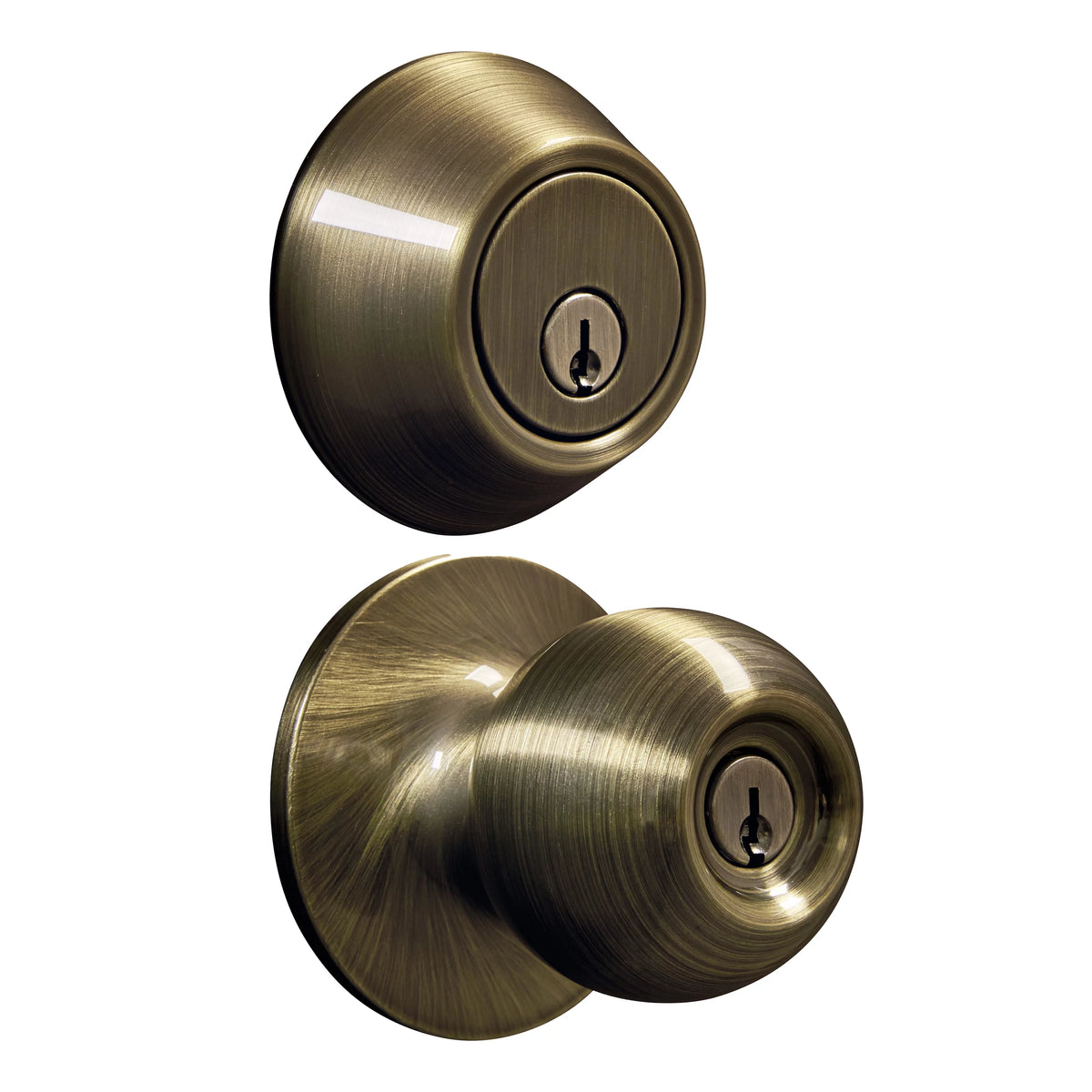 Antique Brass Ball Doorknob and Deadbolt Combo Pack J83994