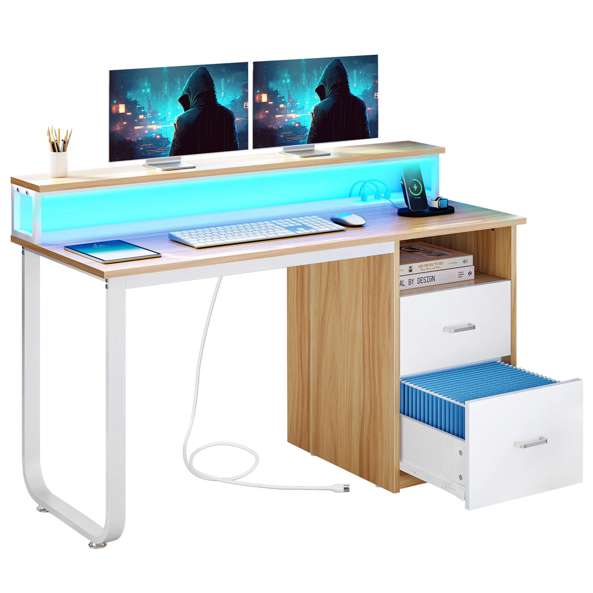 47 inch Computer Desk with Storage Drawers & LED Light, Monitor Stand & Power Outlets G143430