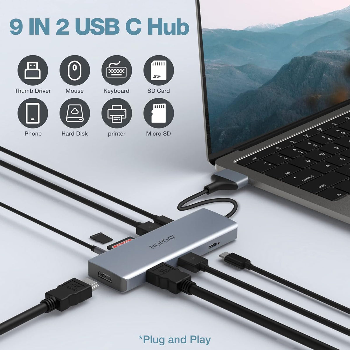 9 in 2 USB C Hub with 4K HDMI, 100W PD, USB 3.0, SD/TF Card Reader, 3.5mm Audio H94739