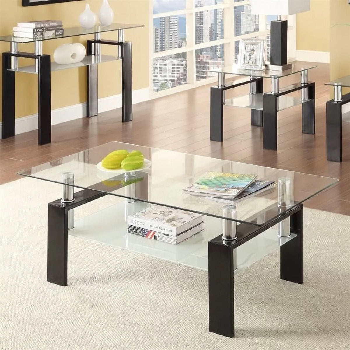 Black 2 Piece Glass Top Coffee Table and End Table Set L874