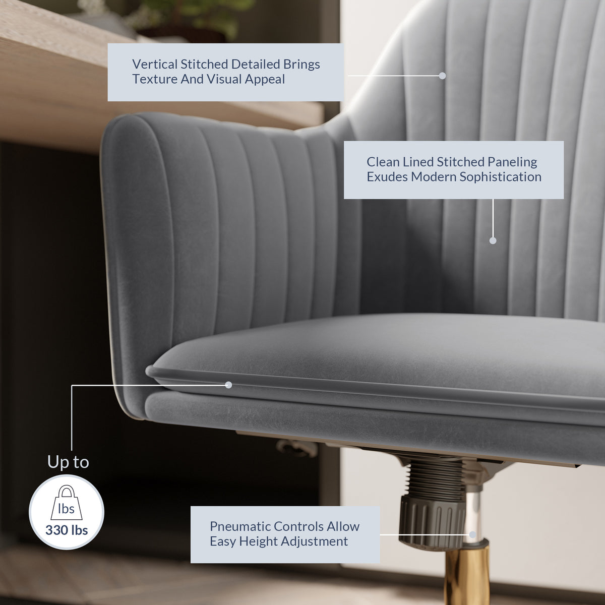 Gray Velvet Swivel Rolling Desk Chair with Adjustable Height D372110