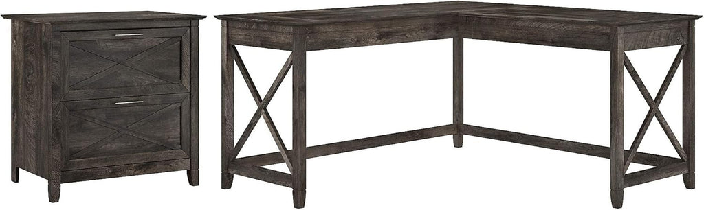 L Shaped Desk with 2 Drawer Lateral File Cabinet, Dark Gray Hickory I59613