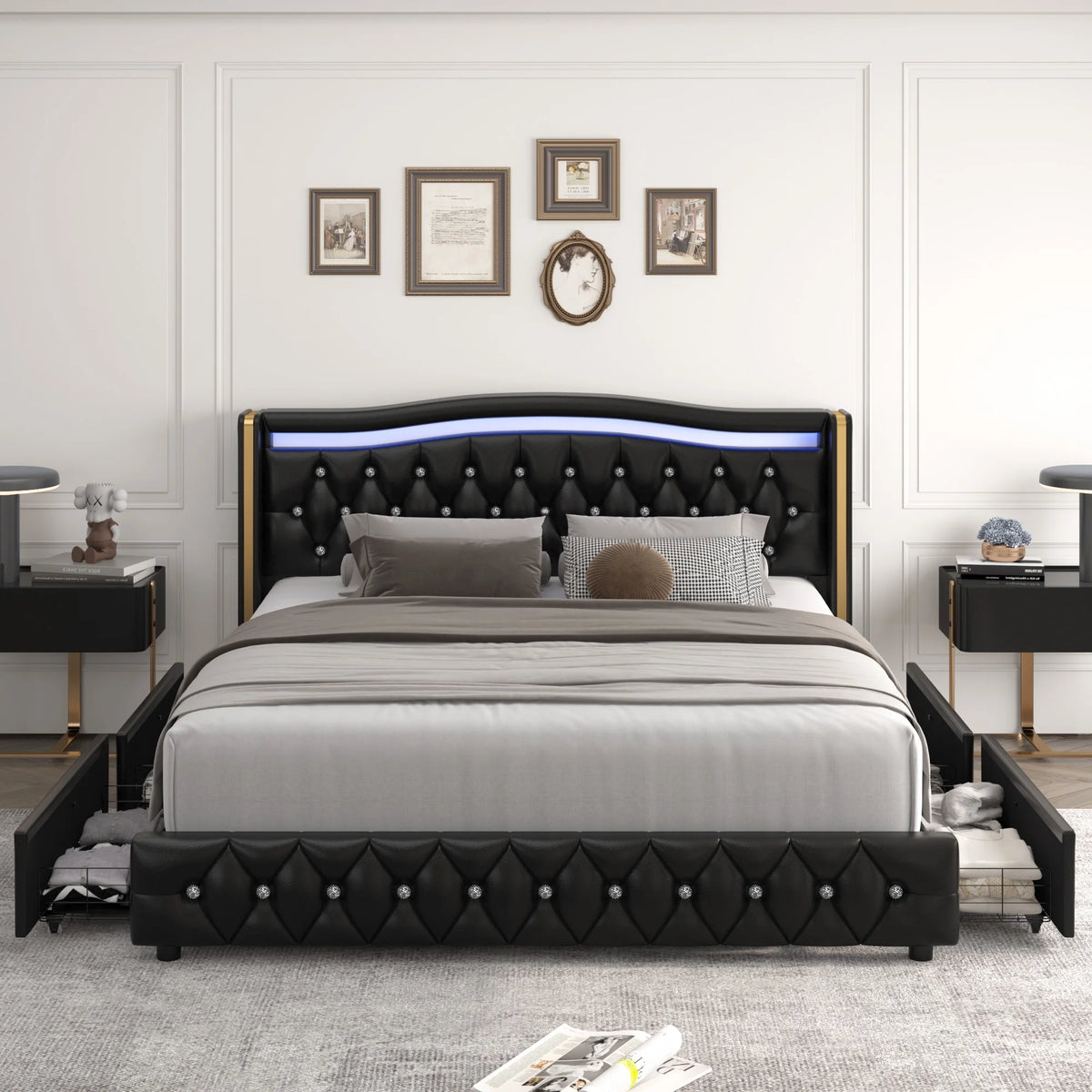 White Queen Size LED Bed Frame with 4 Storage Drawers E6306