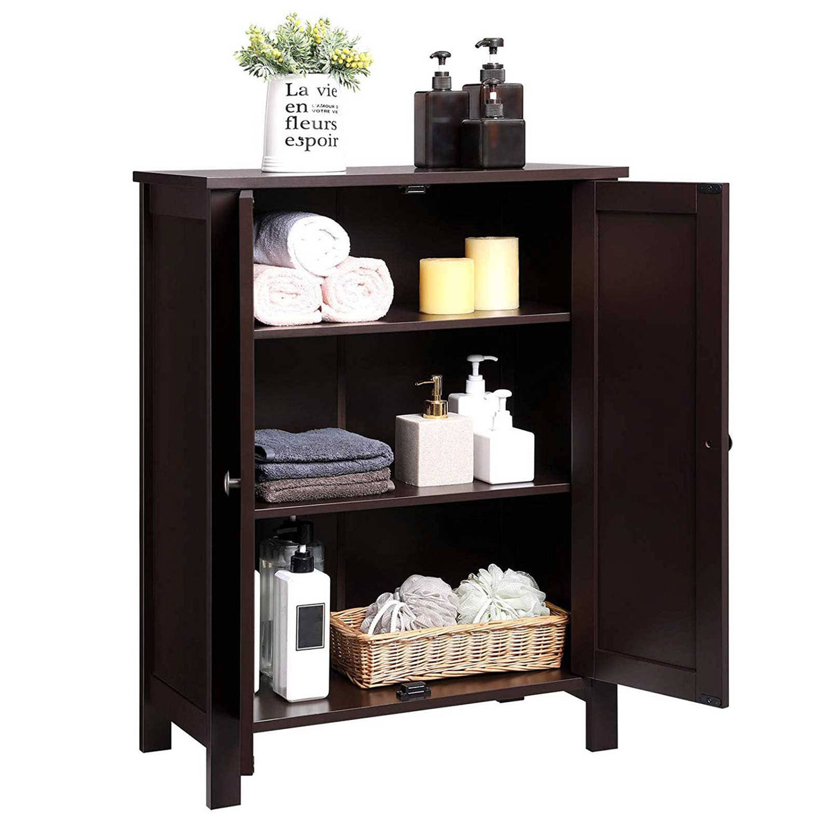 Brown Double Door Bathroom Floor Storage Cabinet with Adjustable Shelf K373