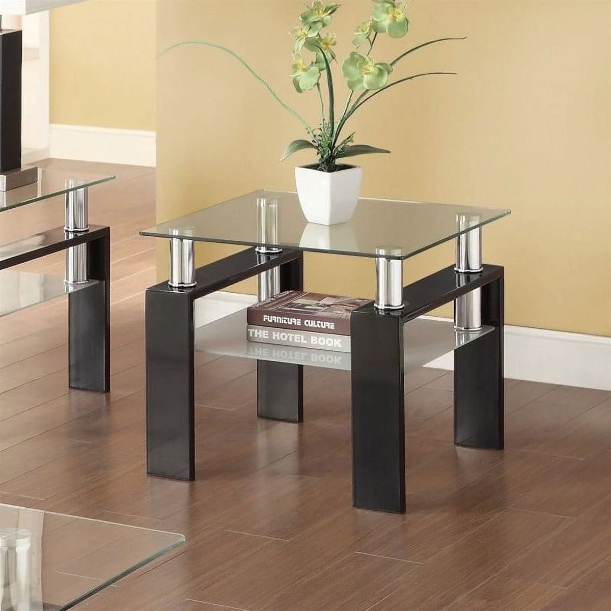 Black 2 Piece Glass Top Coffee Table and End Table Set L874