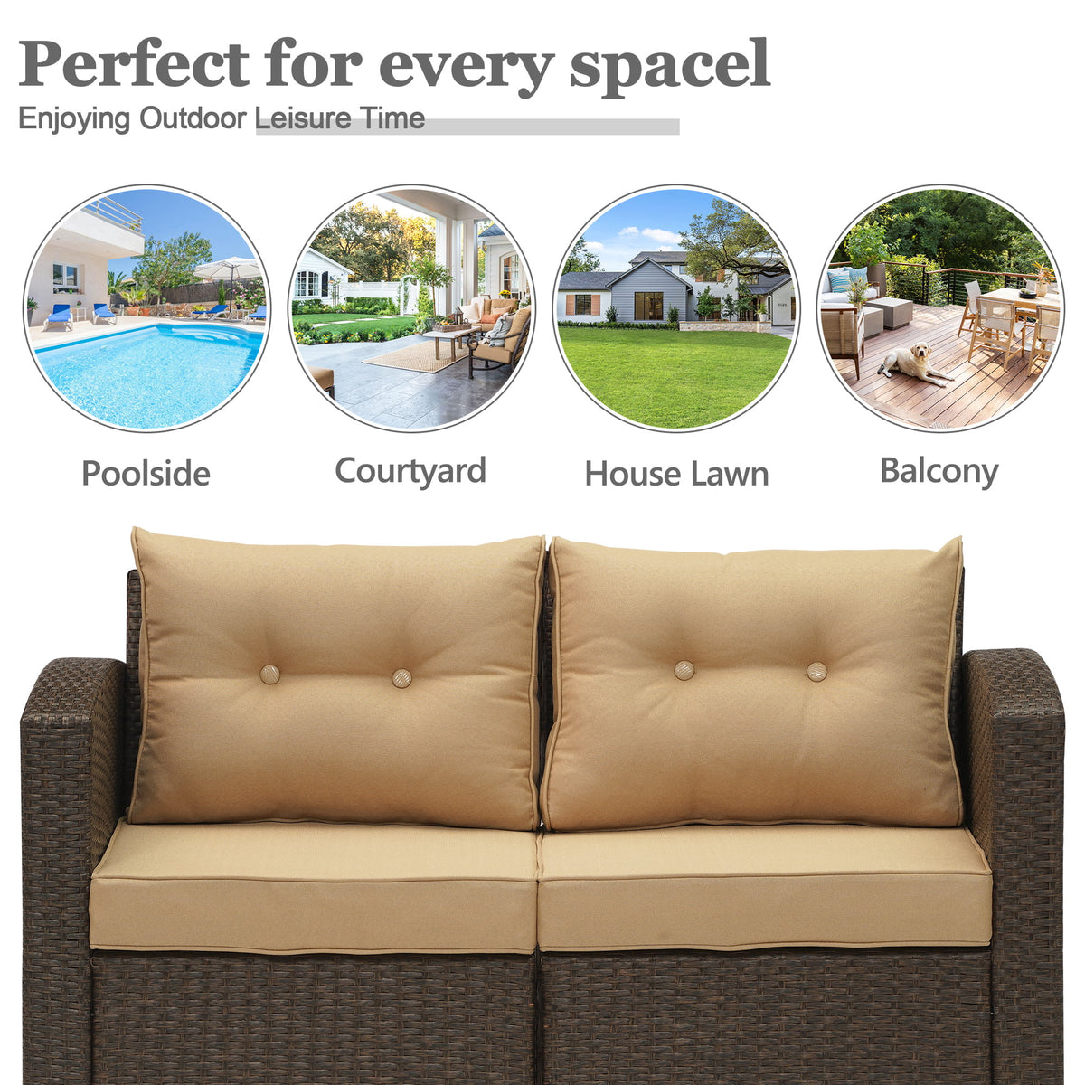 Brown Wicker Rattan Corner Sofa with Beige Cushions Y1049
