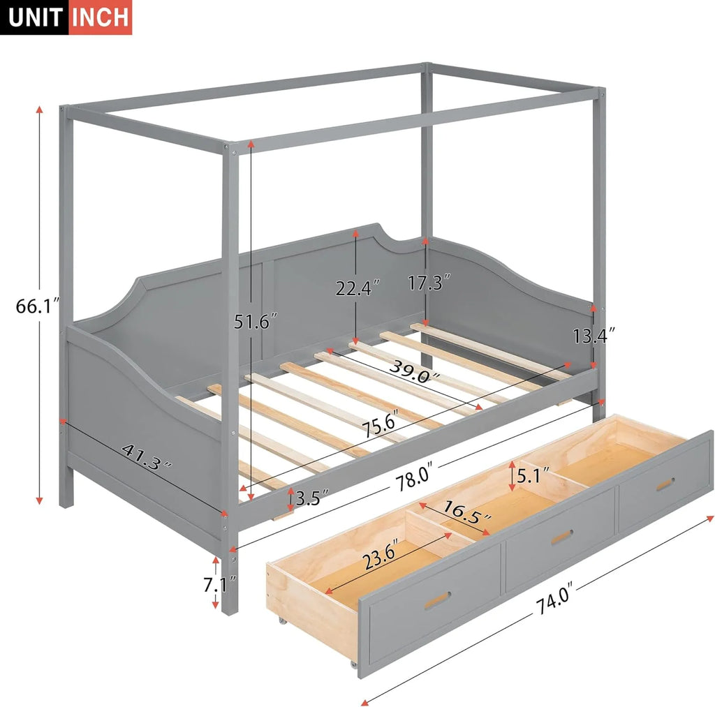 Gray Wood Canopy Bed with Storage and 3 Drawers B81480