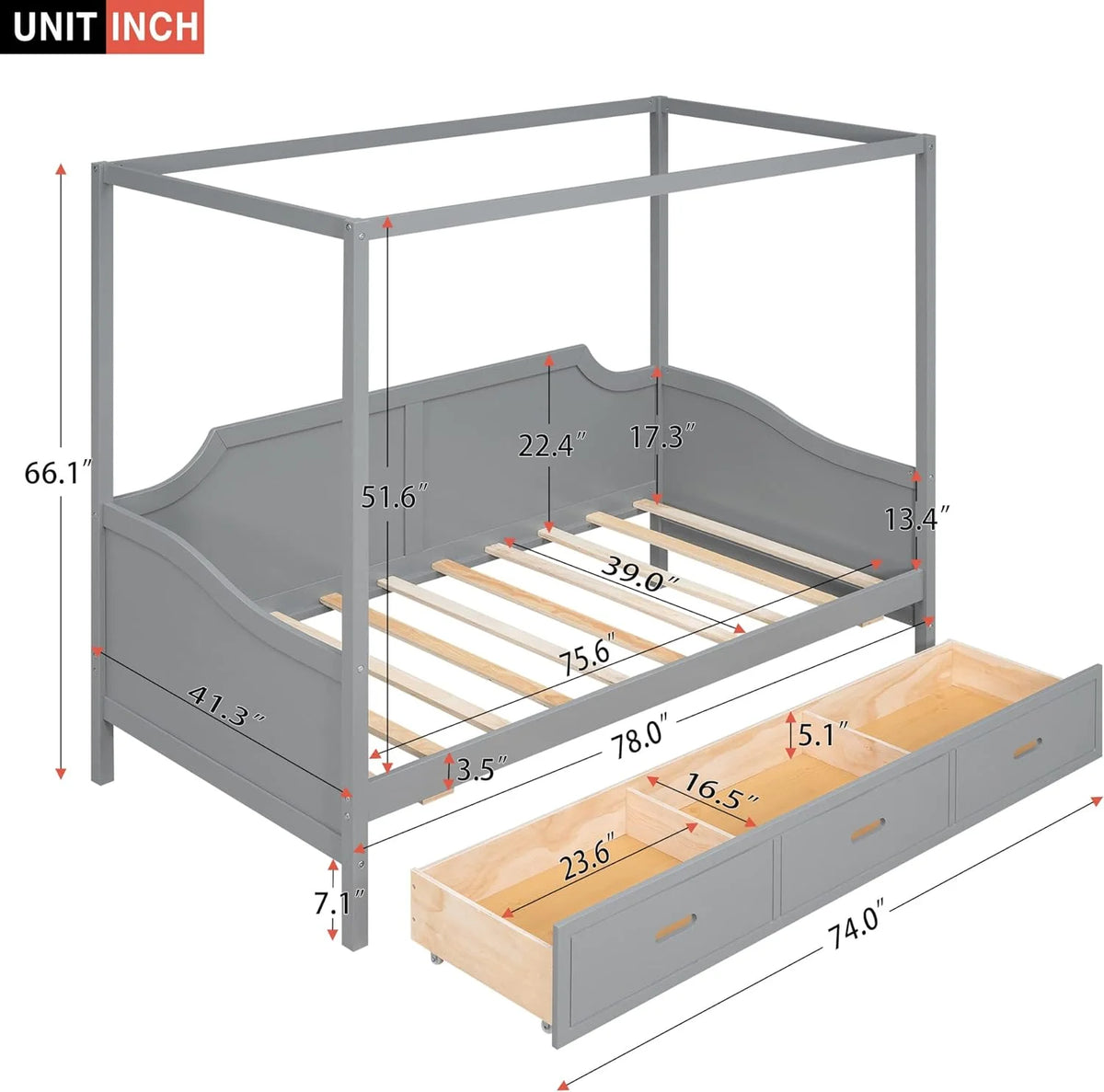 Gray Wood Canopy Bed with Storage and 3 Drawers B81480