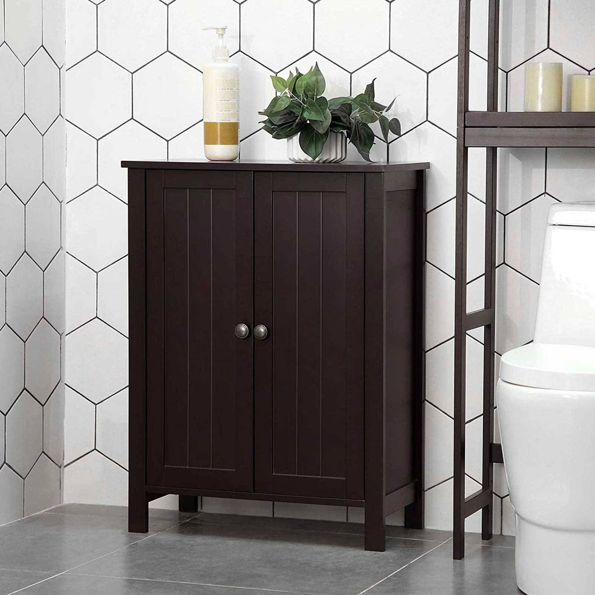 Brown Double Door Bathroom Floor Storage Cabinet with Adjustable Shelf K373