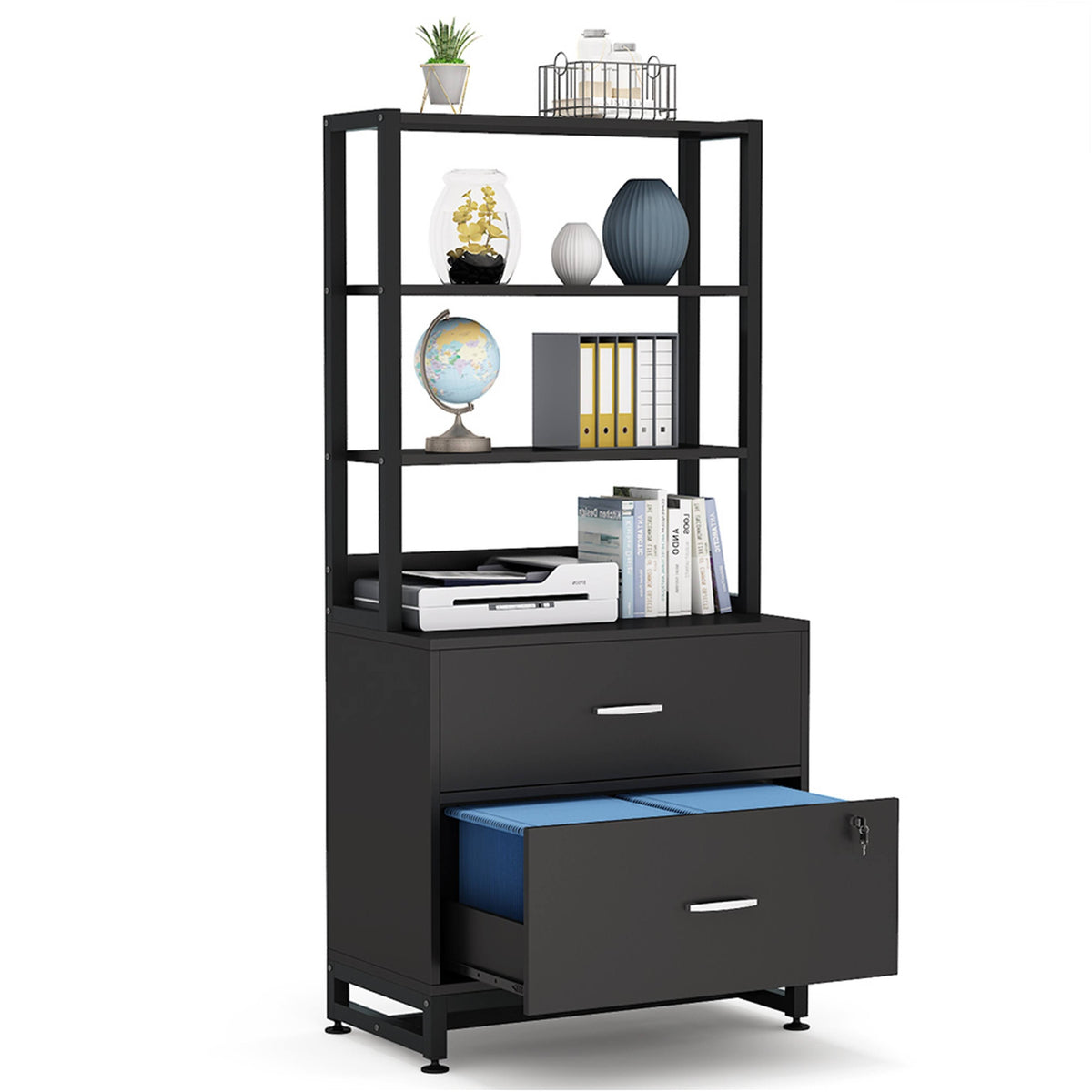 2 Drawer File Cabinet with Lock Bookshelf, Letter Size Printer Stand - Brown Z1998