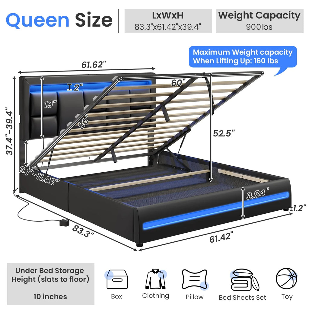 Queen Size Lift Up Storage Upholstered Platform Bed Frame with Charging Ports and LED Lights O957535