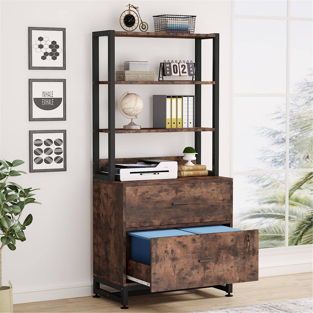 2 Drawer File Cabinet with Lock Bookshelf, Letter Size Printer Stand - Brown Z1998