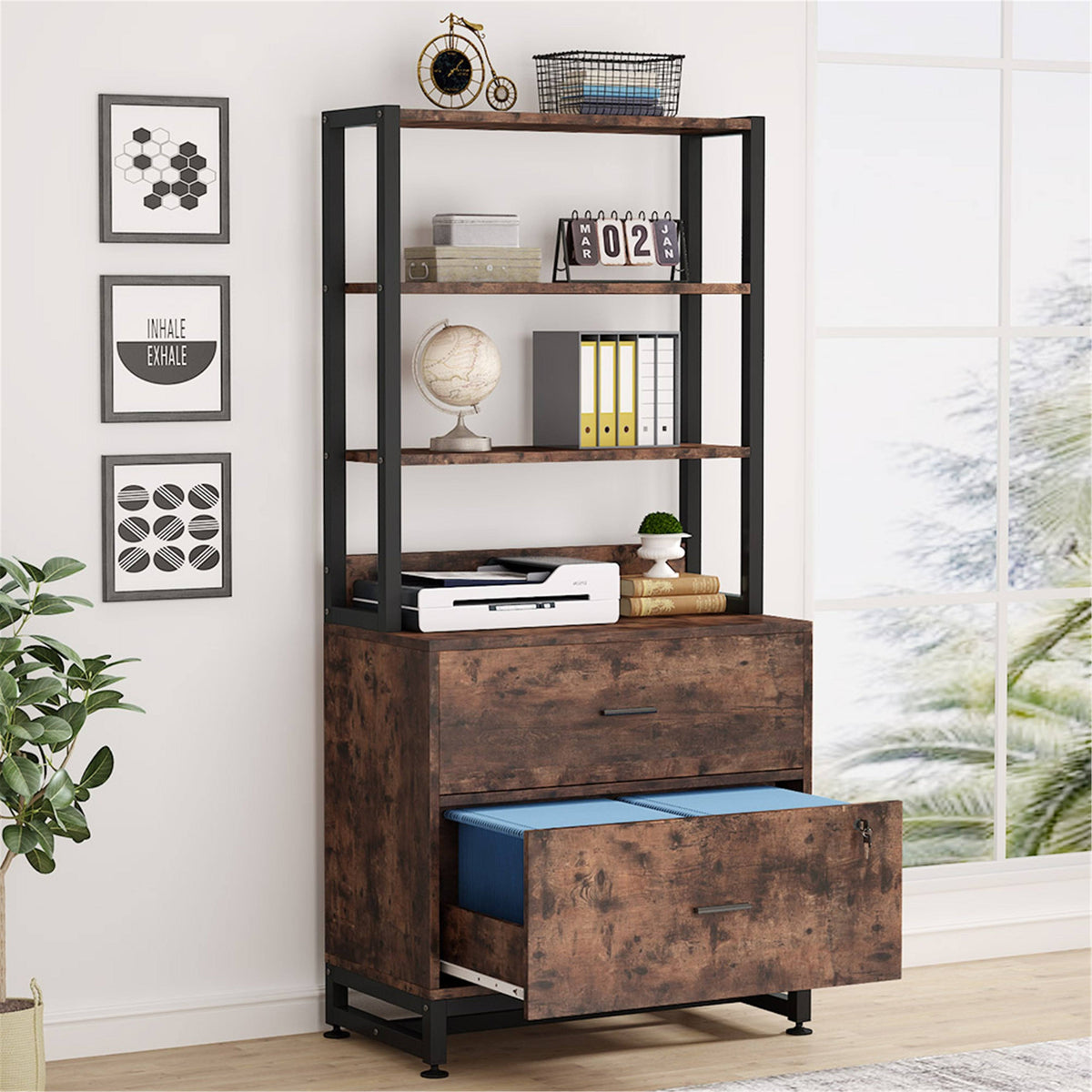 2 Drawer File Cabinet with Lock Bookshelf, Letter Size Printer Stand - Brown Z1998