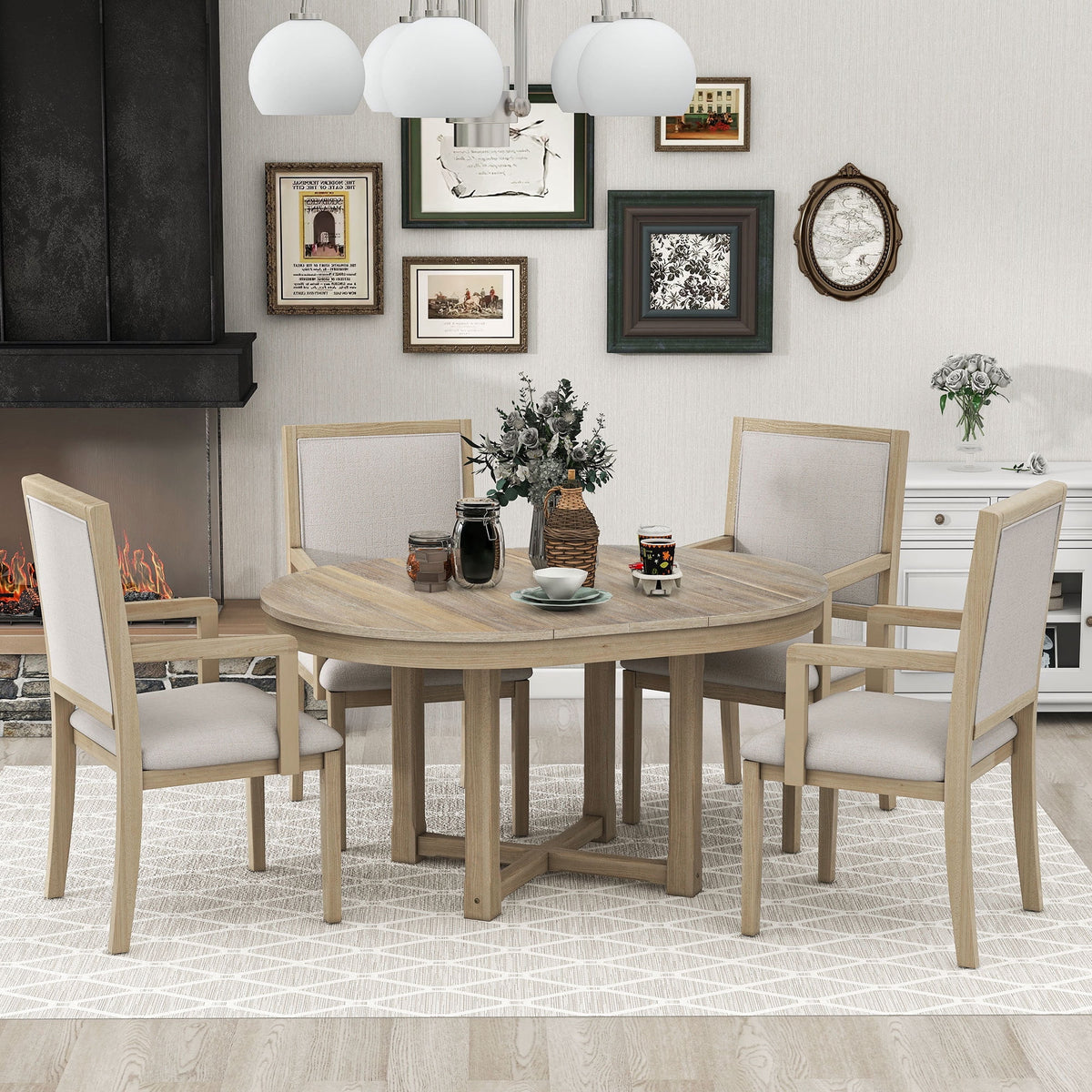 5-Piece Extendable Wood Dining Table Set with 4 Upholstered Chairs W753