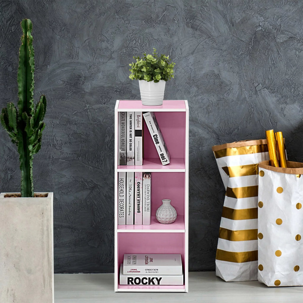 White Pink 3-Tier Engineered Wood Bookcase M1279