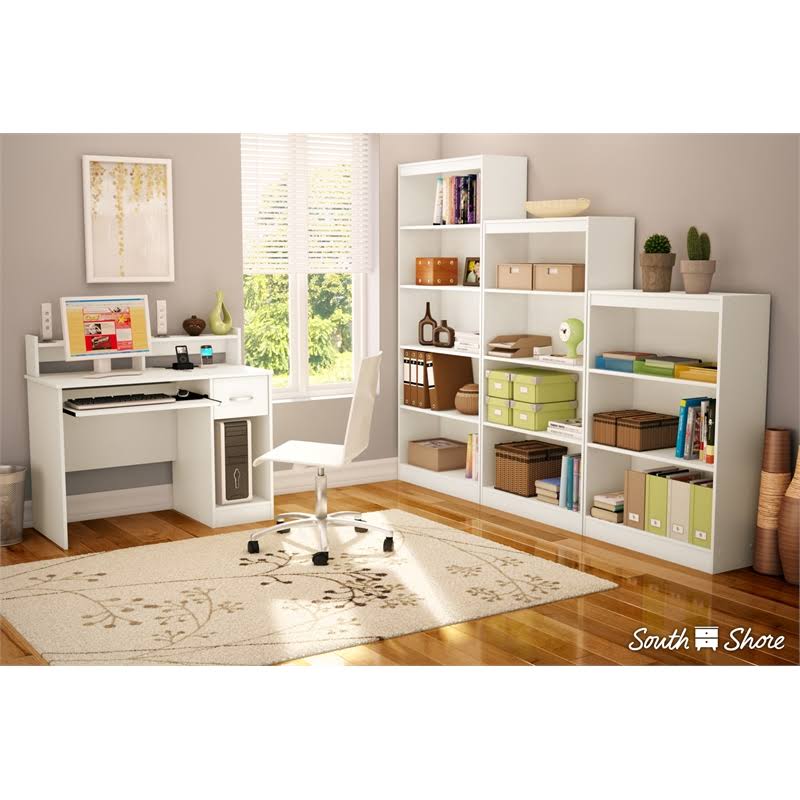 White Desk with Keyboard Tray and 5-Shelf Narrow Bookcase Set Q122