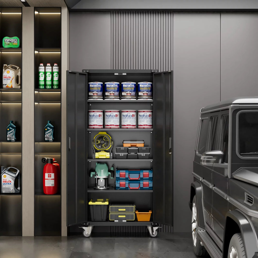 Metal Storage Cabinet with Lock, 72In Steel Storage Cabinet with Wheels, Black J98037