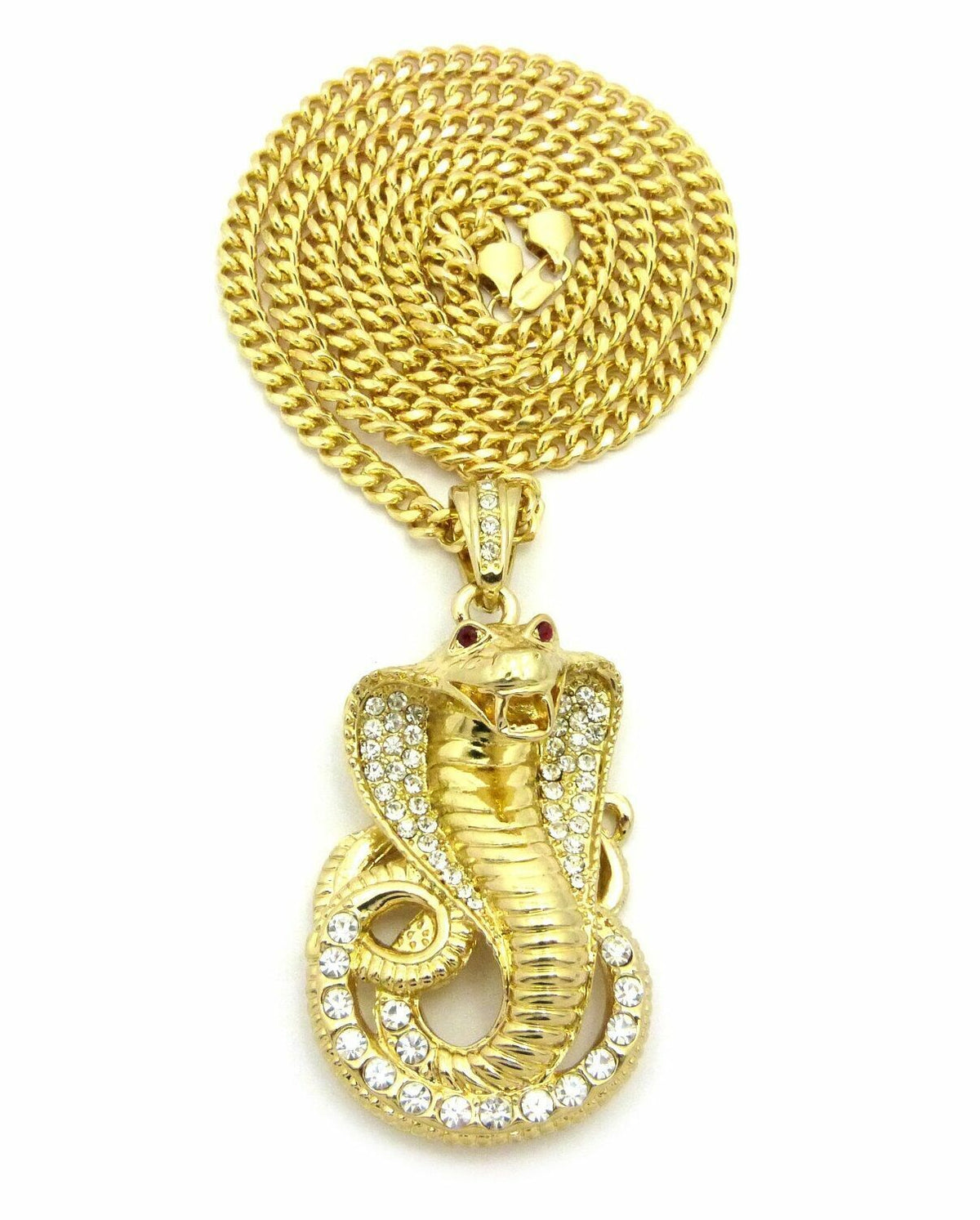 Gold Plated Cubic Zirconia Snake Pendant & 30" Cuban Chain Necklace B6941
