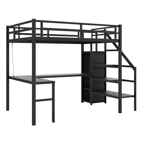 Twin XL Black Metal Loft Bed with Desk X1213
