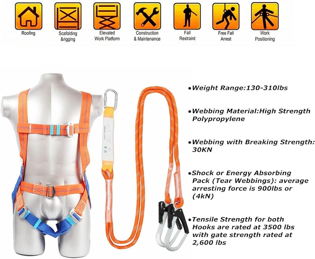 Full Body Safety Harness with Internal Shock Absorbing Lanyard, Orange, Pack of 2 U727999