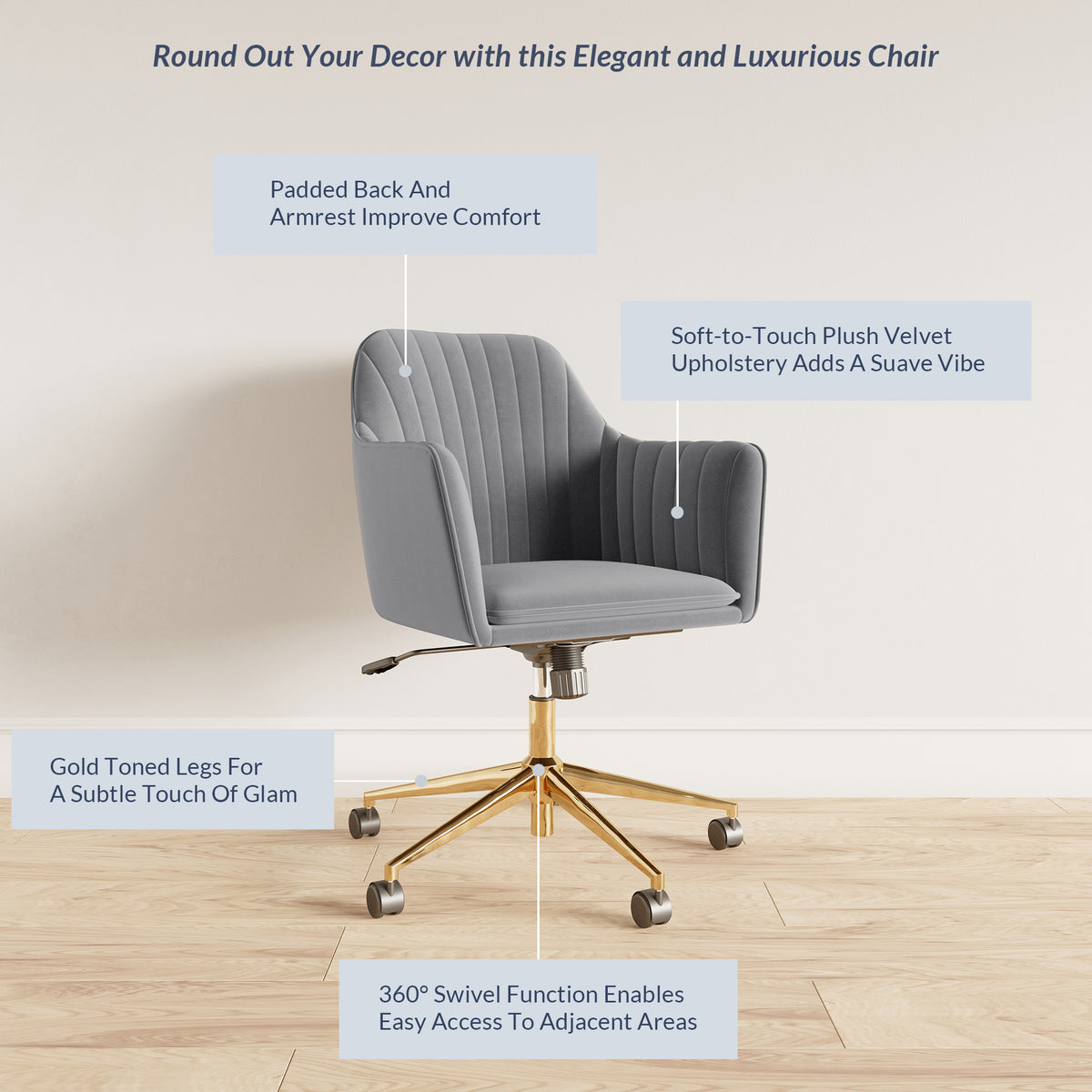 Gray Velvet Swivel Rolling Desk Chair with Adjustable Height D372110