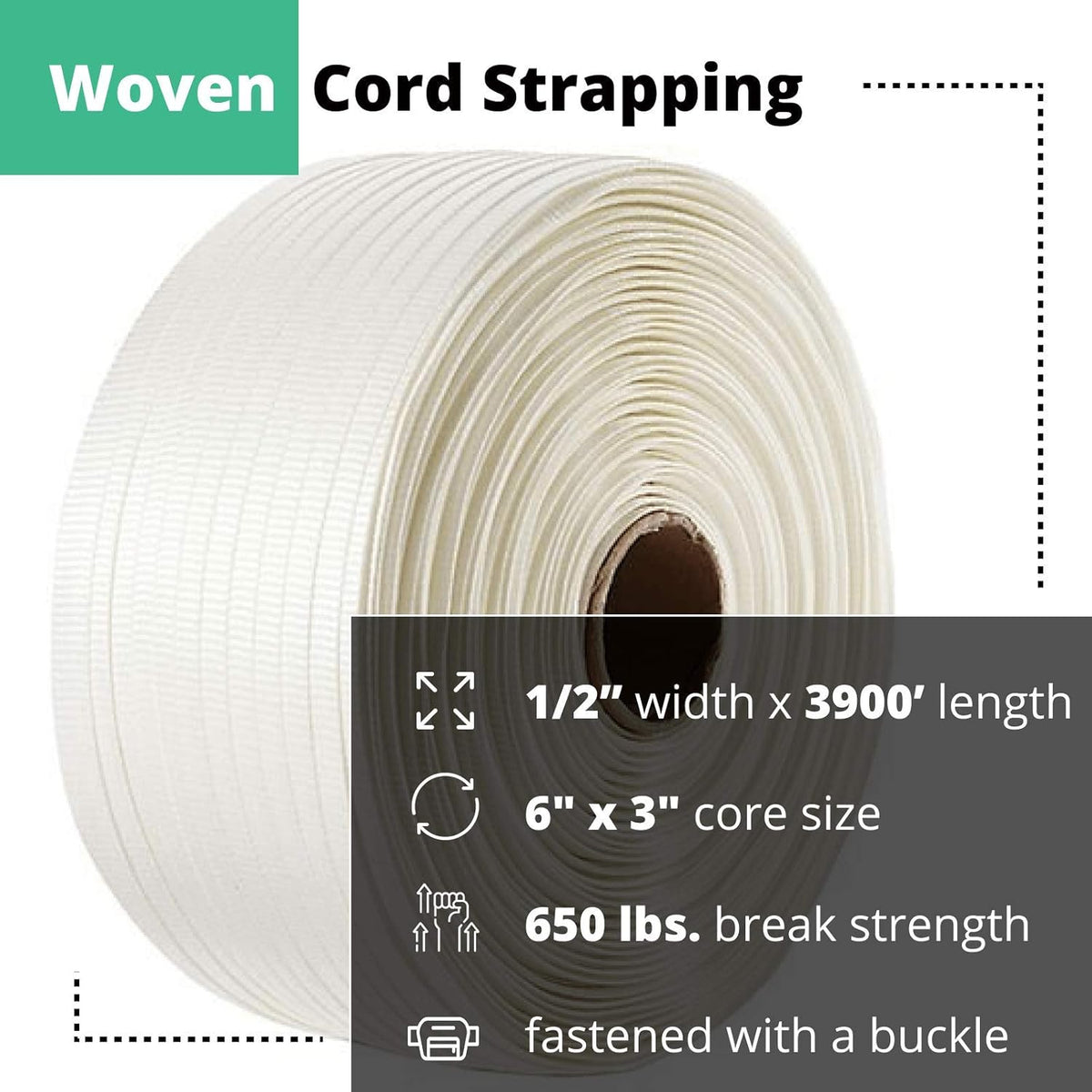 1/2" Heavy Duty Woven Cord Strapping, 1500' Length, 650 lb. Break Strength, Pack of 2 O18845