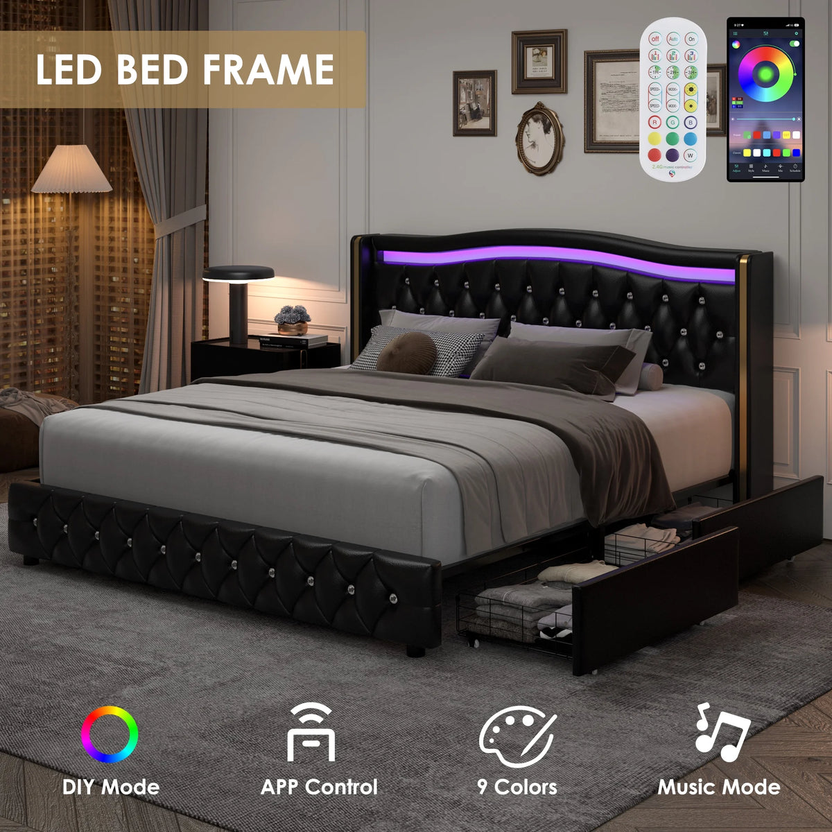 White Queen Size LED Bed Frame with 4 Storage Drawers E6306