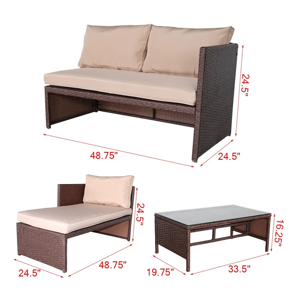 Rattan Sofa 3 Pieces Wood PE Wicker Ottoman With Coffee Table Patio Sofa Set U606824