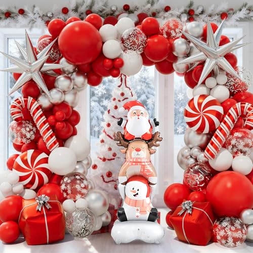 Christmas Balloon Garland Arch Kit with Red White Silver Confetti Foil Balloons W77566