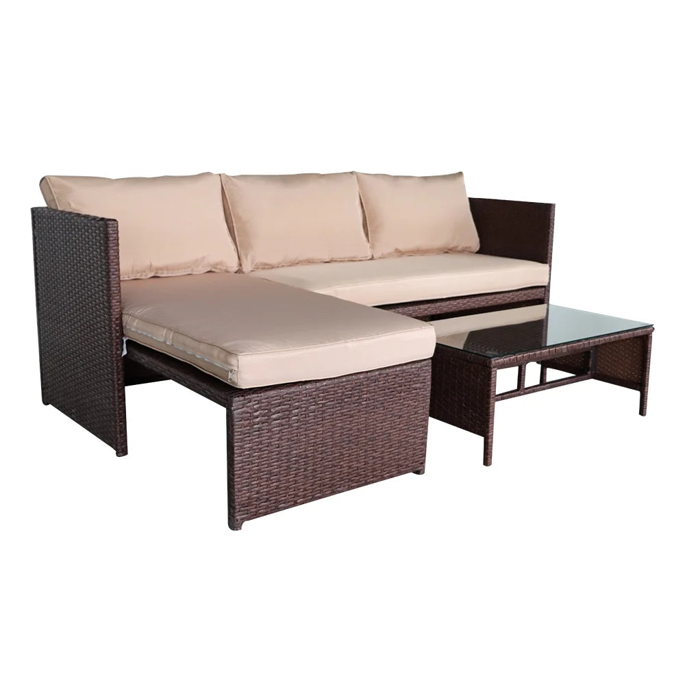 Rattan Sofa 3 Pieces Wood PE Wicker Ottoman With Coffee Table Patio Sofa Set U606824