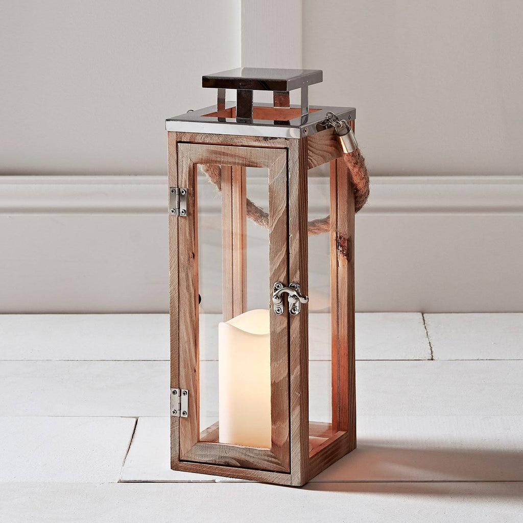 Large Wooden Battery Operated LED Flameless Candle Lantern G4852