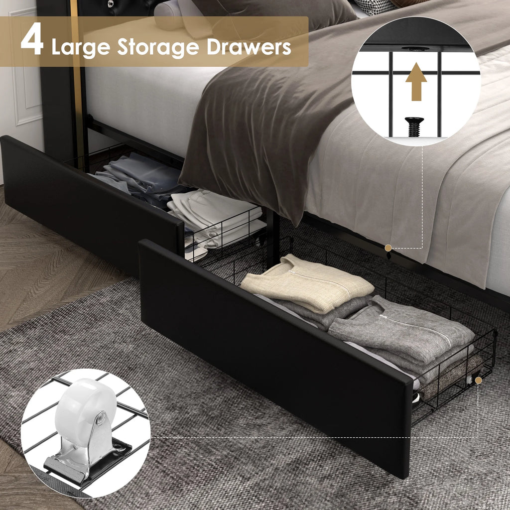 White Queen Size LED Bed Frame with 4 Storage Drawers E6306
