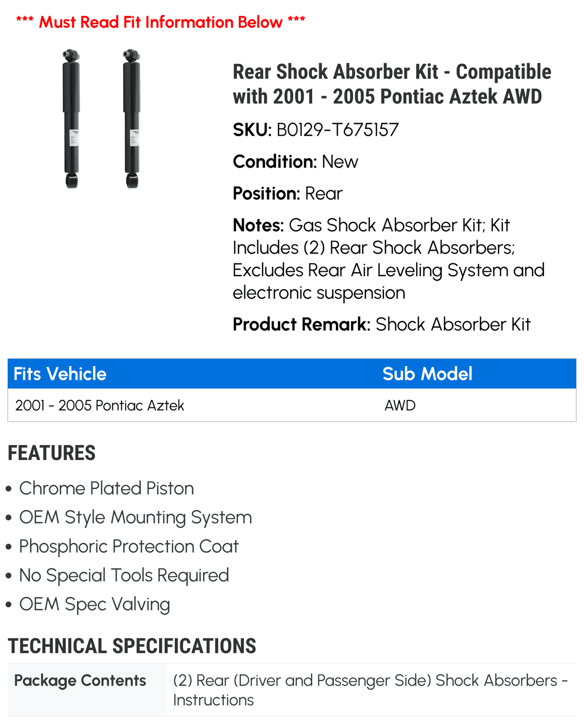 Rear Shock Absorber Kit for Pontiac Aztek AWD L8965