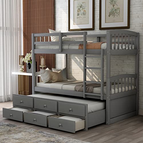 Twin Over Twin Wooden Bunk Bed with Trundle and 3 Storage Drawers N615