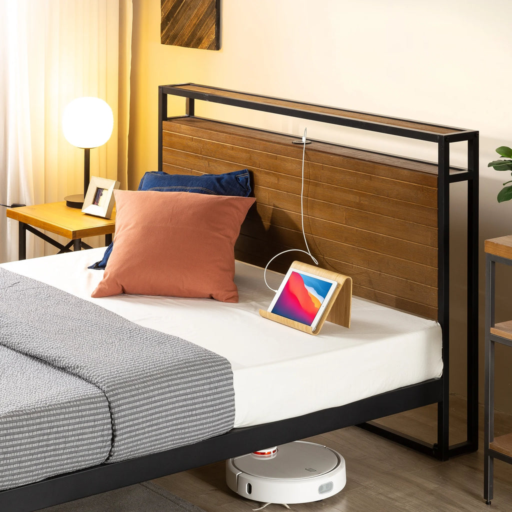 Queen Bamboo and Metal Platform Bed Frame with Shelf and USB Ports Y446
