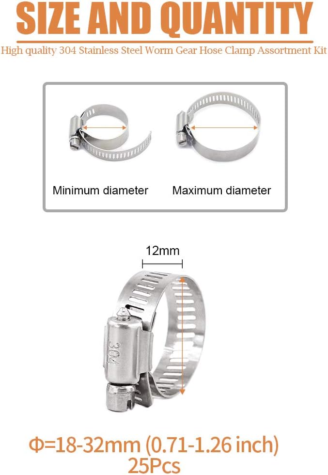 25Pcs Adjustable 304 Stainless Steel Worm Gear Hose Clamp Assortment Kit (18-32mm) W55610