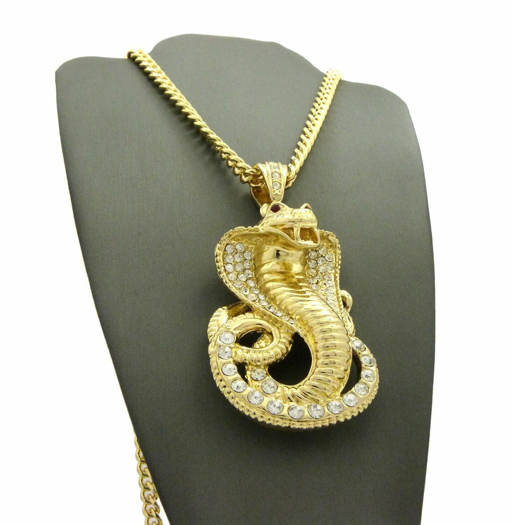 Gold Plated Cubic Zirconia Snake Pendant & 30" Cuban Chain Necklace B6941