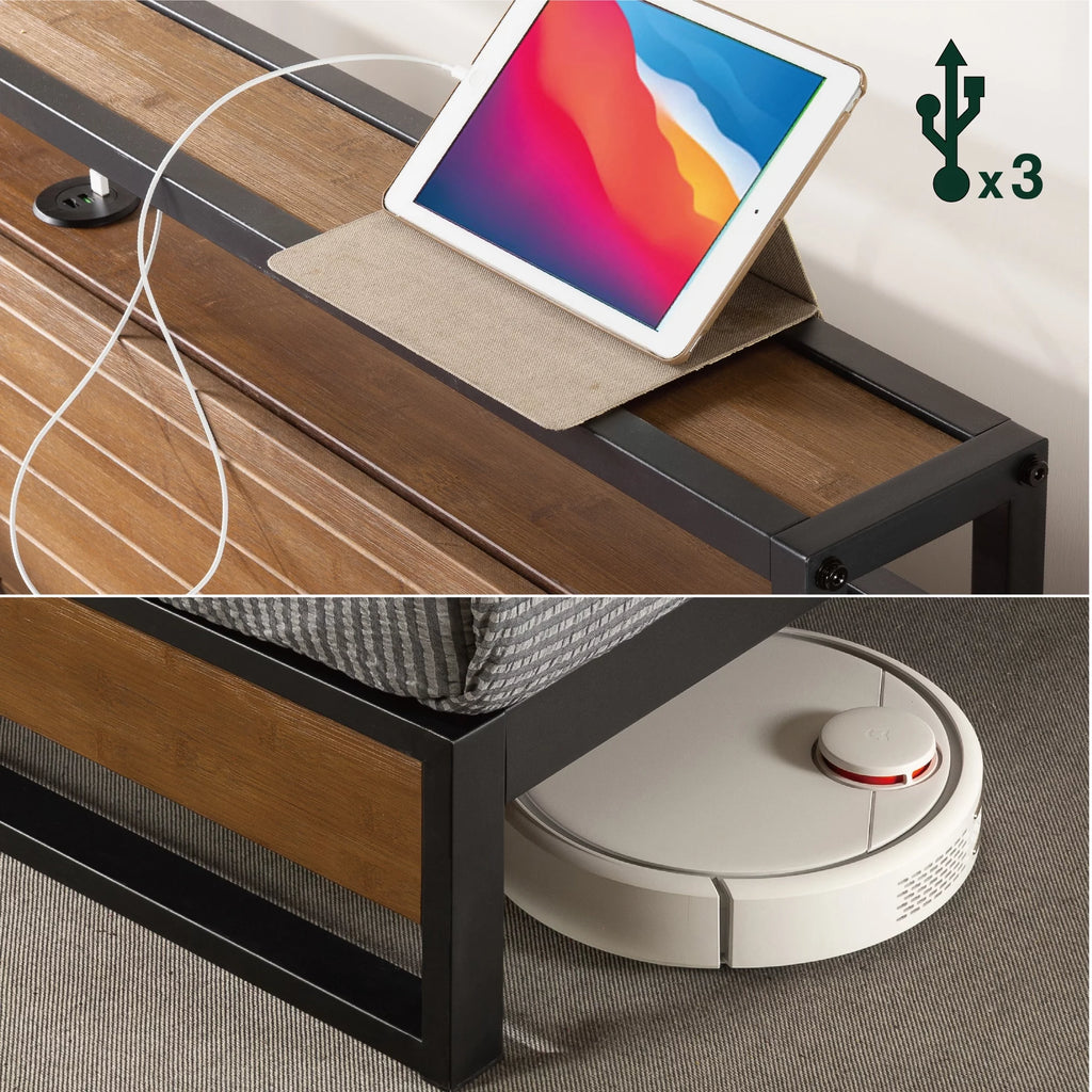 Queen Bamboo and Metal Platform Bed Frame with Shelf and USB Ports Y446