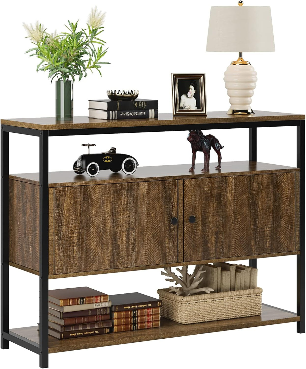 Walnut Brown 3-Tier Console Table with 2 Cabinet Doors E5015