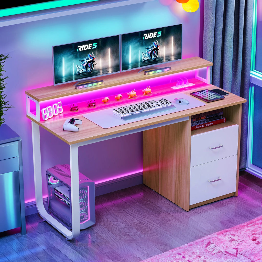 47 inch Computer Desk with Storage Drawers & LED Light, Monitor Stand & Power Outlets G143430