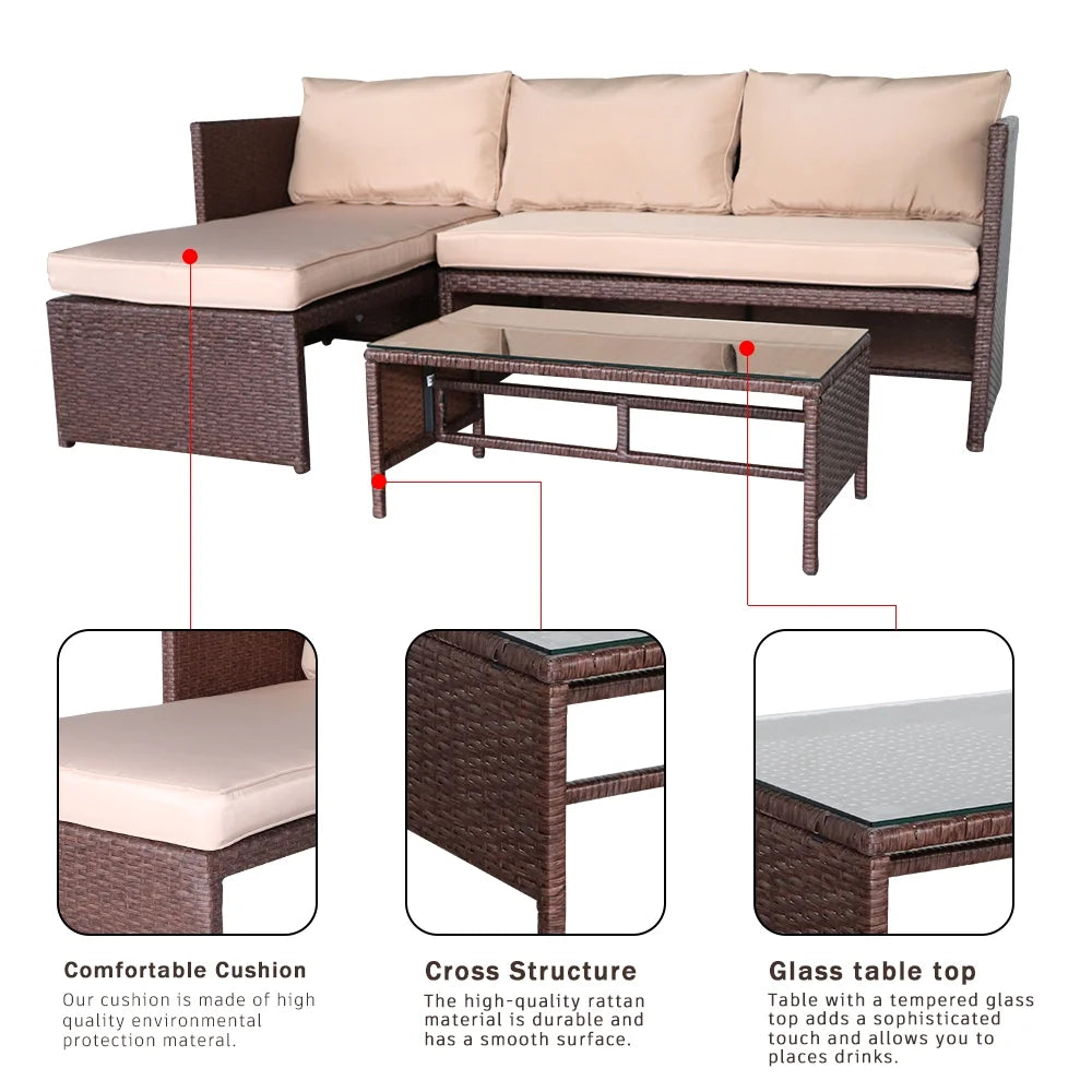 Rattan Sofa 3 Pieces Wood PE Wicker Ottoman With Coffee Table Patio Sofa Set U606824